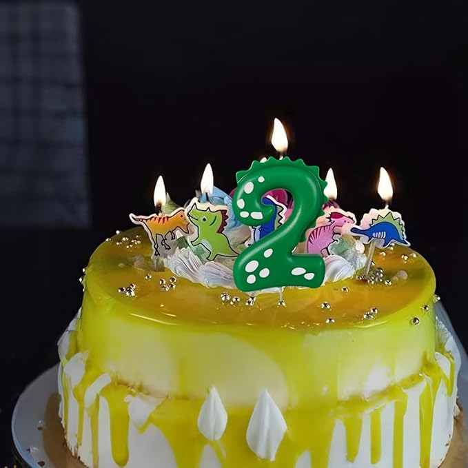 Number 2 Dinosaur Birthday Candles Set, Dino-Themed Cake Candle 2 2.75 Inch Green with 5Pcs Dinosaur Candles for Birthday Parties Celebration