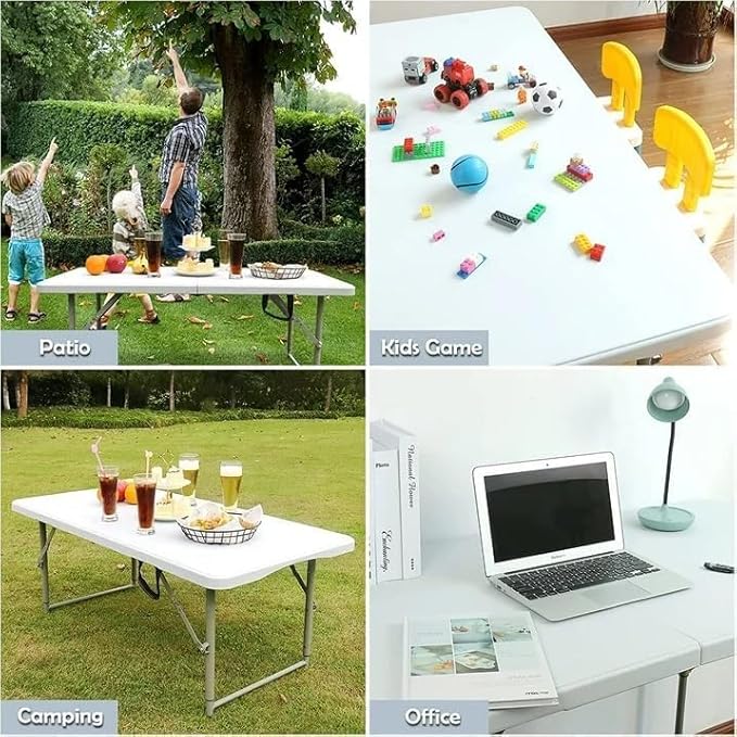 4 Foot Folding Table Adjustable Height 22-30 Inch, Heavy Duty Fold in Half Plastic Table with Steel Legs, Portable Indoor Outdoor Table for Picnic, Camping, Dining, Party
