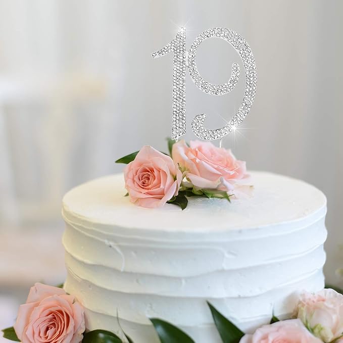 Bling Crystal Rhinestone 19 Birthday Cake Topper - Best Keepsake | 19th Party Decorations Silver