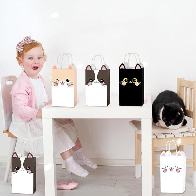 24 PCS Cat Theme Party Favor Bags Kitten Birthday Gift Bags Cute Birthday Goodie Paper Bag with Handles Pet Party Favors for Kids Boys Girls kitten Parties Decorations Pet Adoption Supplies