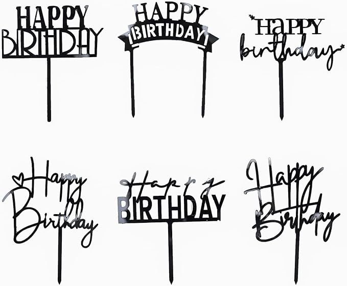 Black Birthday Cake Topper, 6pcs Acrylic Birthday Cake Toppers Happy Birth Cake Toppers for Party Decorations