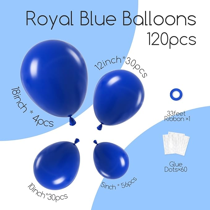 Awenztech 120pcs Royal Blue Balloon Arch Kit, 18 12 10 5 inch Royal Blue Latex Balloons Different Sizes Balloon Garland for Graduation Wedding Baseball Birthday Party Decorations