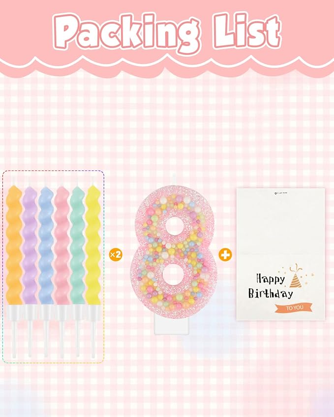 Birthday Candles for Cake, Macaron Number Candles, Cake Candles with Greeting Card for Birthday Party Wedding Anniversary Celebrations (8 Candle)
