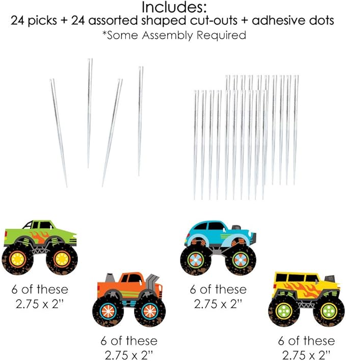 Big Dot of Happiness Smash and Crash - Monster Truck - Dessert Cupcake Toppers - Boy Birthday Party Clear Treat Picks - Set of 24
