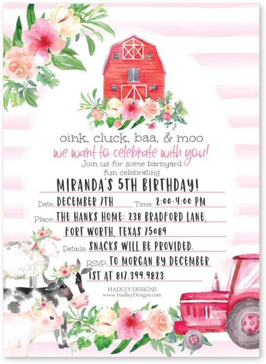 Hadley Designs Kids Birthday Invitations For Boys and Girls Barnyard Theme - 25 Farm Animals Birthday Party Invitations For Boys, Tractor Barn Invites For Girls, Cute Ranch Party Supplies, Made In USA
