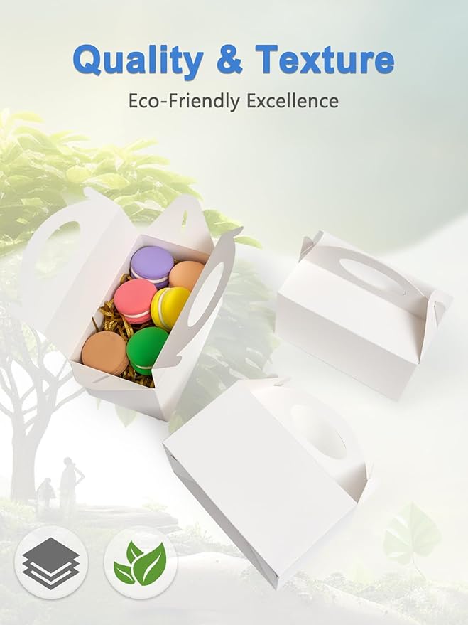 50 Pcs Small Party Treat Boxes, 6 Inch Candy Cookie Goodie Gift Bags Gable Box for Kids Birthday Party, White