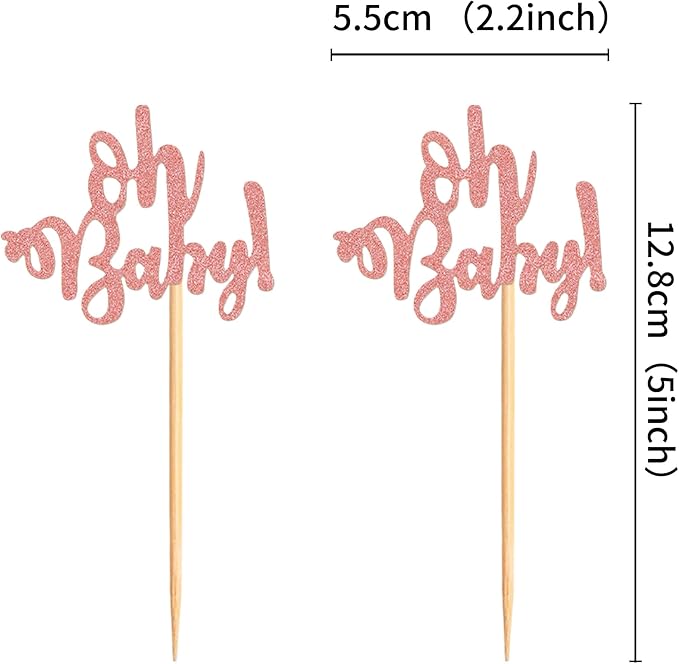 Ercadio 24 Pcs Oh Baby Cupcake Toppers Glitter Rose Gold Cake Topoper for Boy or Girl Theme Baby Shower Cupcake Picks Kids Birthday Party Cake Decorations Supplies