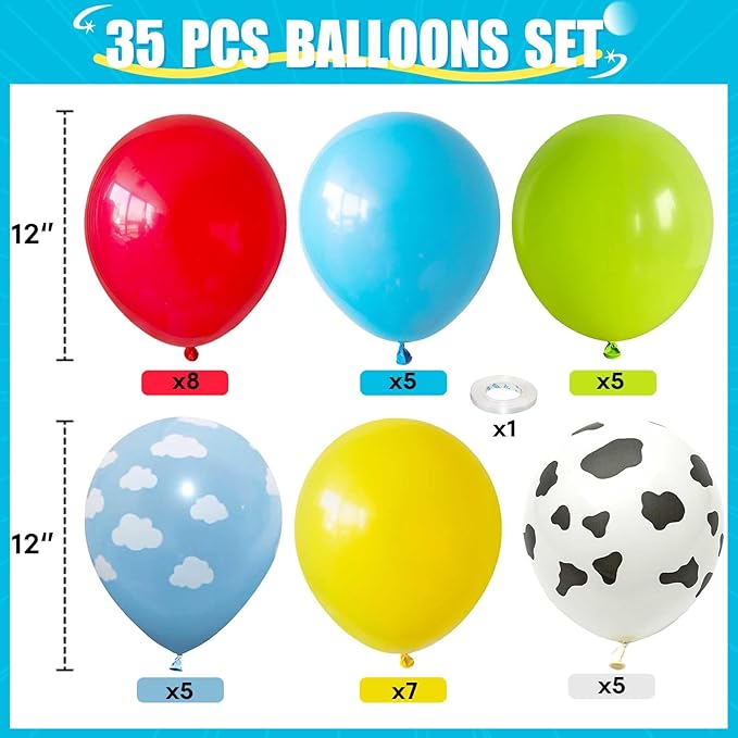 HILAVO Toy Inspired Story Balloons, 12 Inch Cow Print Sky Blue Cloud Balloons Red Blue Yellow Green Balloons for Kids Boys Halloween Birthday Party Farm Themed Party Decorations