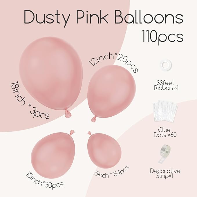 Awenztech 110pcs Dusty Pink Balloons, 18 12 10 5 inch Dusty Rose Balloons Different Sizes Pink Balloon Arch Kit for Wedding Bridal Gender Reveal Boho Baby Shower Birthday Party Decorations