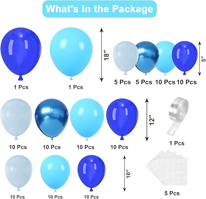 Blue Balloon Arch Kit, 102pcs Royal Blue Pastel Blue Metallic Blue Difference Sizes Latex Balloons with 16ft Tape Strip & Dot Glue for Baby Shower, Birthday, Graduation Decoration