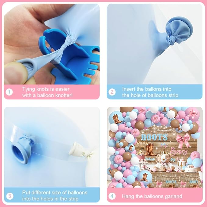 MEHOFOND Boots or Bows Gender Reveal Decorations Kit, 116Pcs Pink and Blue Balloon Arch Set with Rustic Western Backdrop and Tablecloth, What Will Baby Be Cowgirl Cowboy Gender Reveal Party Supplies