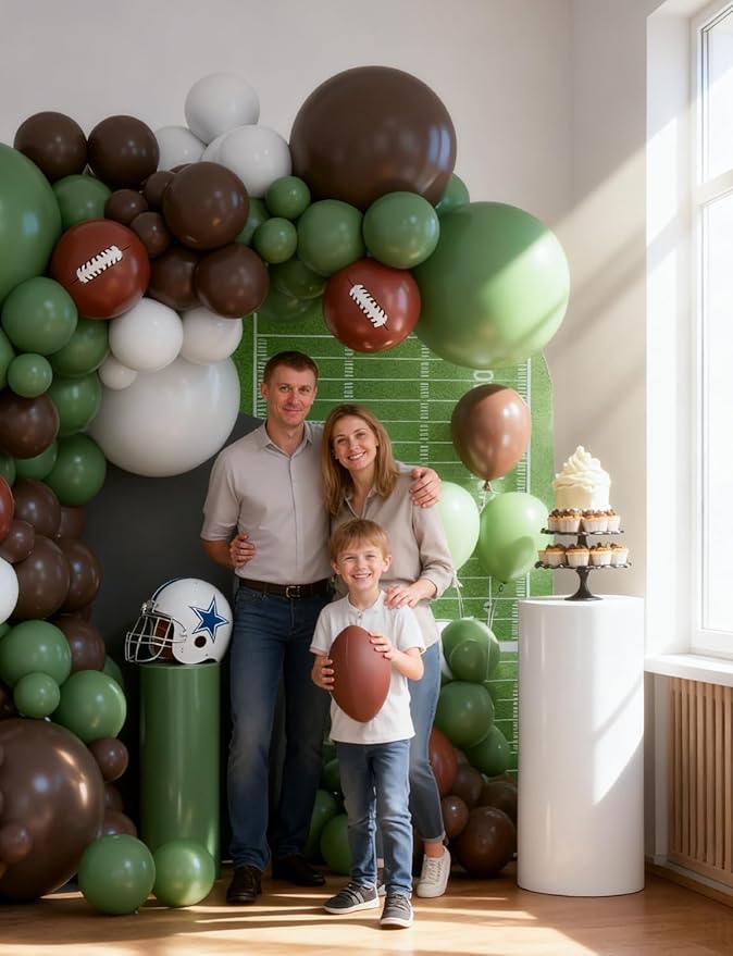 Football Balloon Garland Arch Kit, 132Pcs Green and Brown Balloons Football Printed Balloons Sage Green White Latex Balloon for Touch Down Rugby Birthday Sports Theme Party Decorations