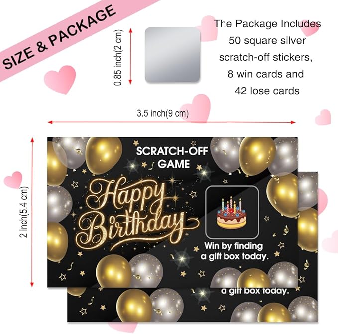 50 Pcs Happy Birthday Scratch off Game Cards, Black Golden Balloons Scratch Cards for Birthday Party, Lottery Group Games Activity, Raffle Tickets, Party Supplies