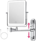Wall Mounted Lighted Makeup Mirror, Rectangle Double Sided 1X/7X Magnifying Bathroom Height Adjustable Mirror, Rechargeable 3 Color and Dimmable Lights, Extended Arm 360 Rotation Shaving Vanity Mirror