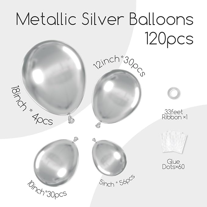 Awenztech 120pcs Metallic Silver Balloon Arch Kit, 18 12 10 5 inch Chrome Silver Latex Balloons Different Sizes Balloon Garland for Wedding Baby Shower Disco Birthday Party Decorations