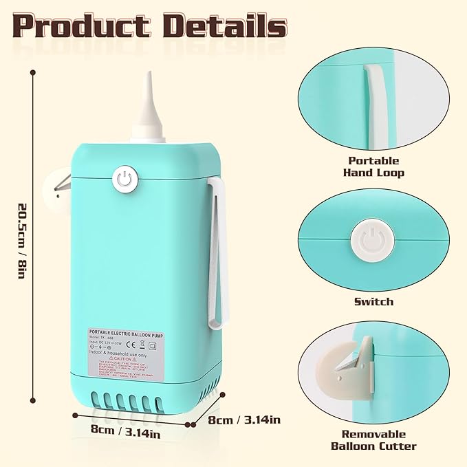AXHJ Balloon Pump Electric Air Pumps for Long Balloons, 2-in-1 Electric Air Balloon Pump, Balloon Inflator for 260q,Foil, Latex Balloons and Sport Balls, Lake Blue