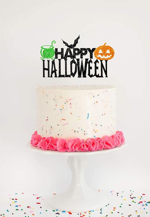 Happy Halloween Cake Topper, Halloween Party Decorations for Bat Pumpkin Medicine Jar Theme Birthday Party Supplies, Black Sparkle Happy Halloween Cake Decor