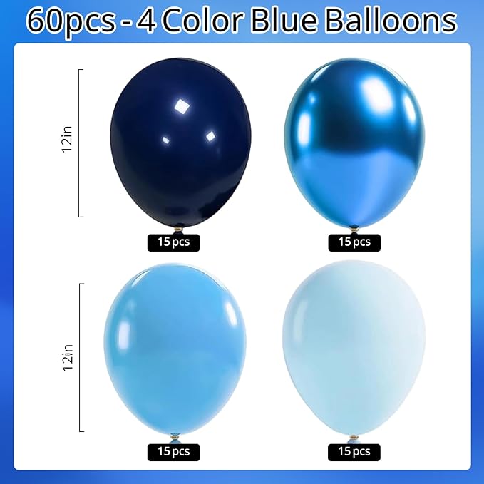 60pcs Blue Balloons, 12 Inch Metallic Blue Pearl Blue Navy Blue Pastel Blue Latex Balloons Kit for Birthday, Baby Shower, Wedding, Graduation Party Decorations