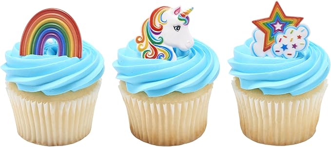 DecoPac Rainbow Unicorn Rings, Cupcake Decorations, Magical Food Safe Cake Toppers, Multi-Coloured – 24 Pack