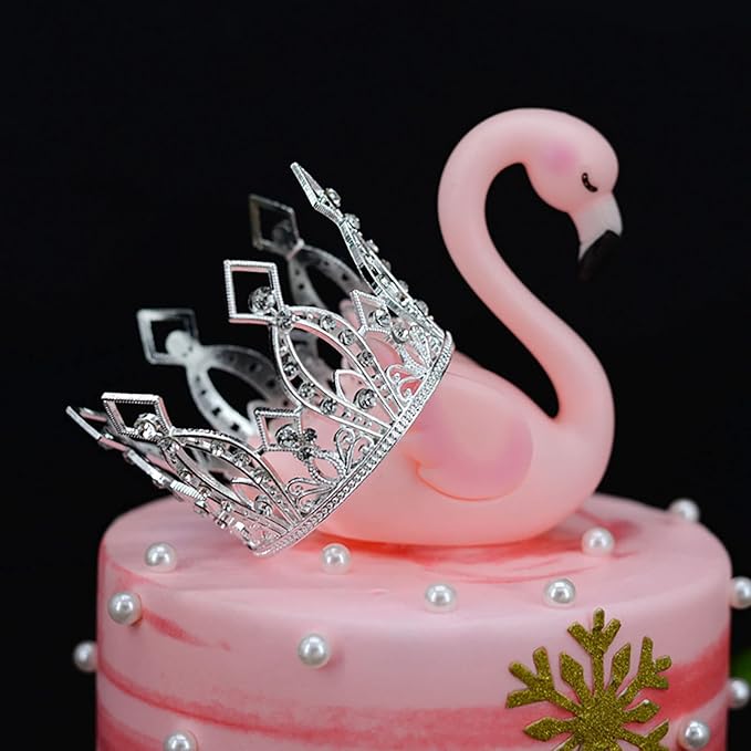 Mini Crown Cake Topper Crystal Headpiece Tiara Rhinestone Crown Cake Decoration for Wedding Birthday Baby Shower Party Favors (Silver)