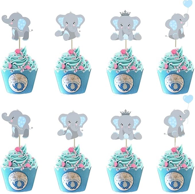 48pcs Blue Elephant Cupcake Toppers, Double Sided It is A Boy Elephant Cupcake Picks, Elephants Cake Cupcake Decorations for Elephants Theme Birthday Baby Shower Little Peanut Party Supplies