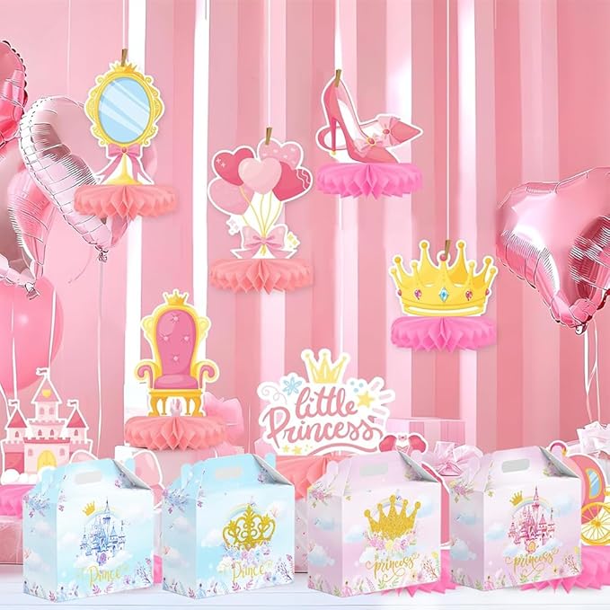 16 Pcs Princess Prince Birthday Party Favor Boxes - Pink & Blue Crown Cardboard Print Party Gift Paper Boxes with Handles, Princess Prince Party,Gender Reveal & Wedding Decorations Supplies(16-princess-box)