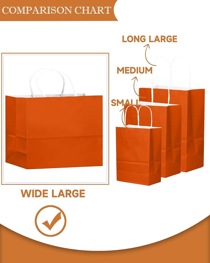 qiqee 24PCS Large Gift Bag with Handles Bulk 13"x4.5"x10" Gift Bags Orange Bags Multiple Uses (32x11x25cm,Wide Large)