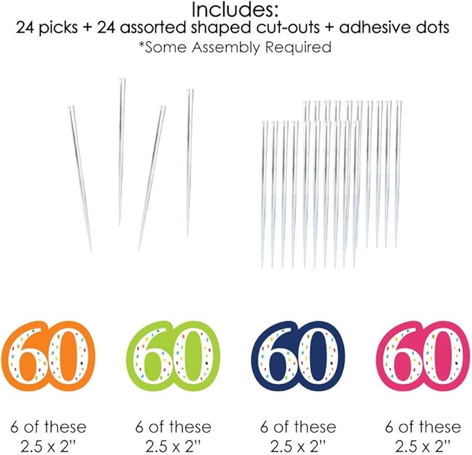 Big Dot of Happiness - 60th Birthday - Cheerful Happy Birthday - Dessert Cupcake Toppers - Colorful Sixtieth Birthday Party Clear Treat Picks - Set of 24