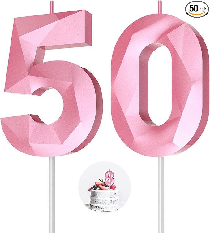 Number Birthday Candles(50 Candle Pink) 3D Diamond Shape 50th Happy Birthday Cake Topper Decorations for Women Men Birthday Wedding Anniversary Celebration Theme Party Supplies