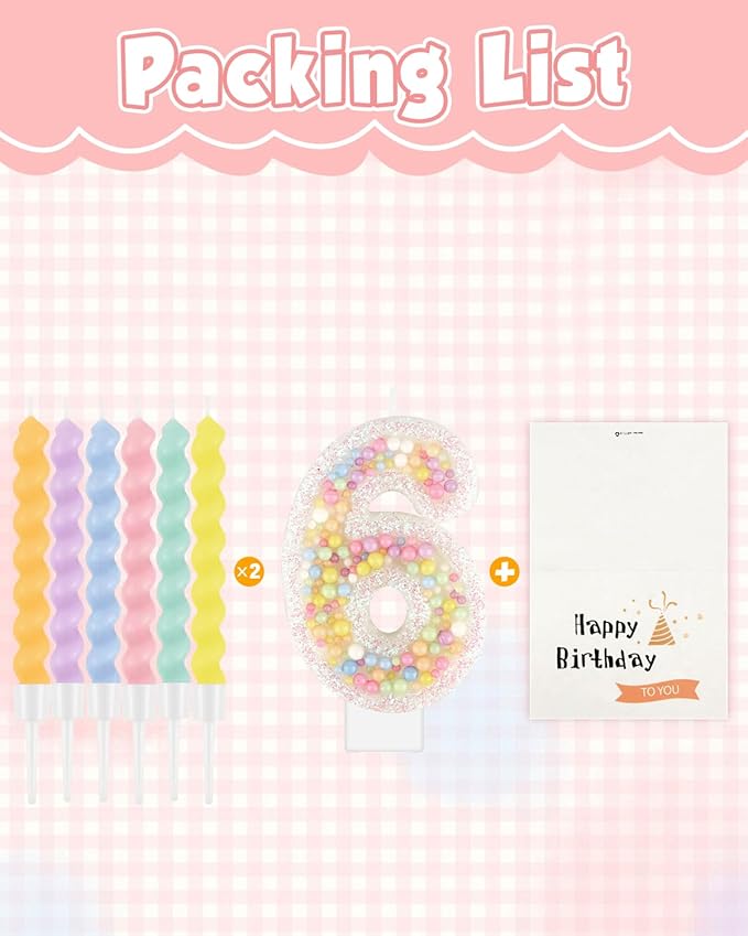 Birthday Candles for Cake, Pink Number Candles, Cake Candles with Greeting Card for Birthday Party Wedding Anniversary Celebrations（6 Candle,White Number Macaron）