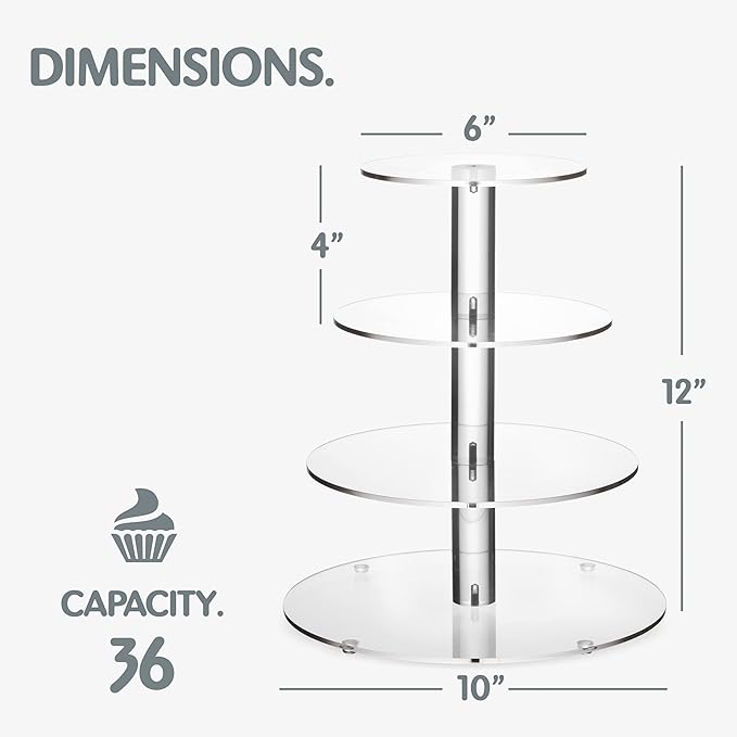 4-Tier Acrylic Cupcake Stand For 36 Cupcakes, Cupcake Tower Made with Finest Food Grade Acrylic, Cupcake Holder Designed With Glassy Stem For Modern Cupcake Display, For Wedding & Party. Clear
