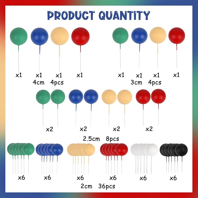 52 Pcs Ball Decorations - Red Green Blue Yellow Black White Dessert Picks Cake Cupcake Toppers for Birthday Party Baby Shower Gender Reveal Supplies
