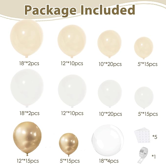 White and Gold Balloons Arch Kit, 128pcs Gold and White Balloons Garland with Chrome Gold White Sand Beige Cream Balloons Garland Kit for Wedding Bridal Shower Birthday Party Gender Reveal Decorations