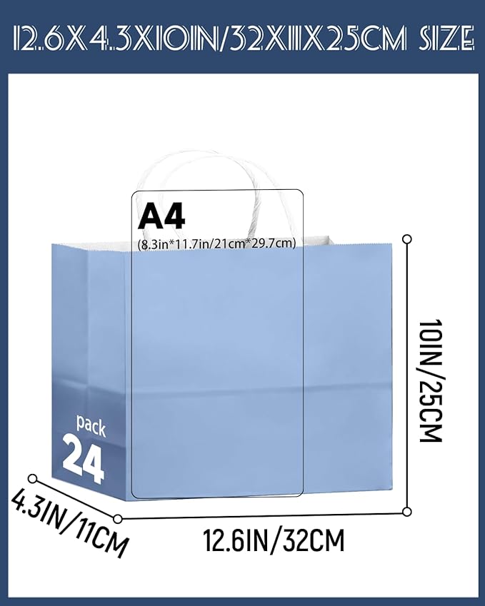 qiqee 24PCS Large Gift Bag with Handles Bulk 13"x4.5"x10" Gift Bags Light Blue Bags Multiple Uses (32x11x25cm,Wide Large)