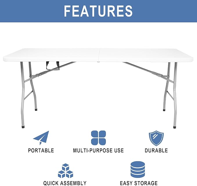 6FT Folding Table, Portable Fold-in-Half Plastic Utility Table with Carrying Handle, Heavy Duty Indoor Outdoor Dining Picnic Camping Party Table, Waterproof & Scratch Resistant, White