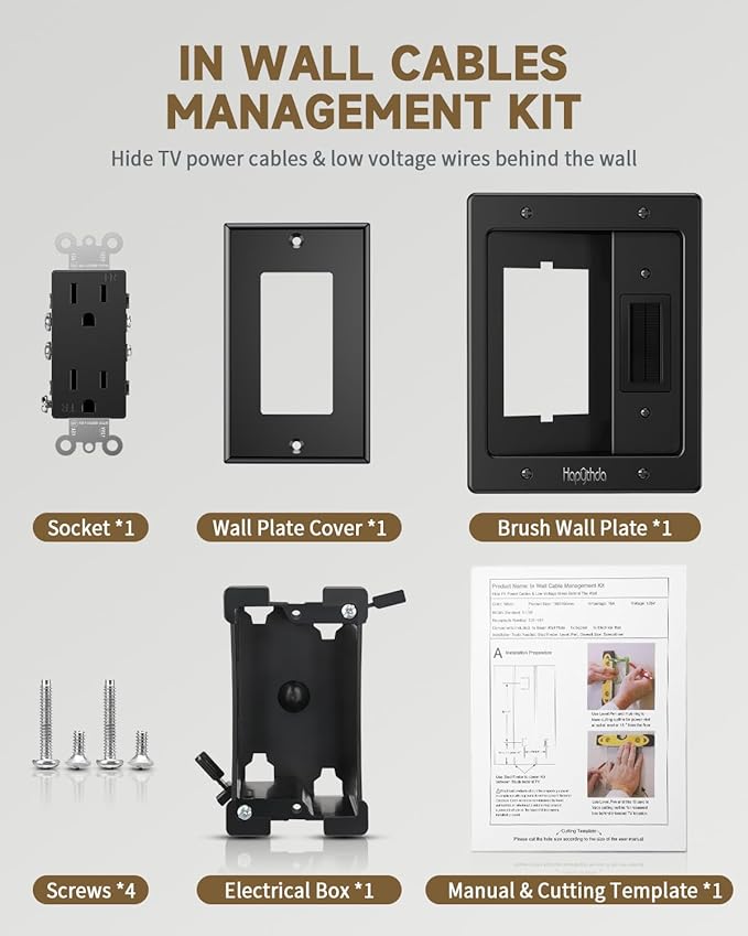 in Wall Cable Management Kit for TV, Recessed Outlet for Low Voltage Cables, TV Cable Hider Wall Kit, Cord Hider for Wall Mount TV, Wall Cable Management Box for Home & Office, Black