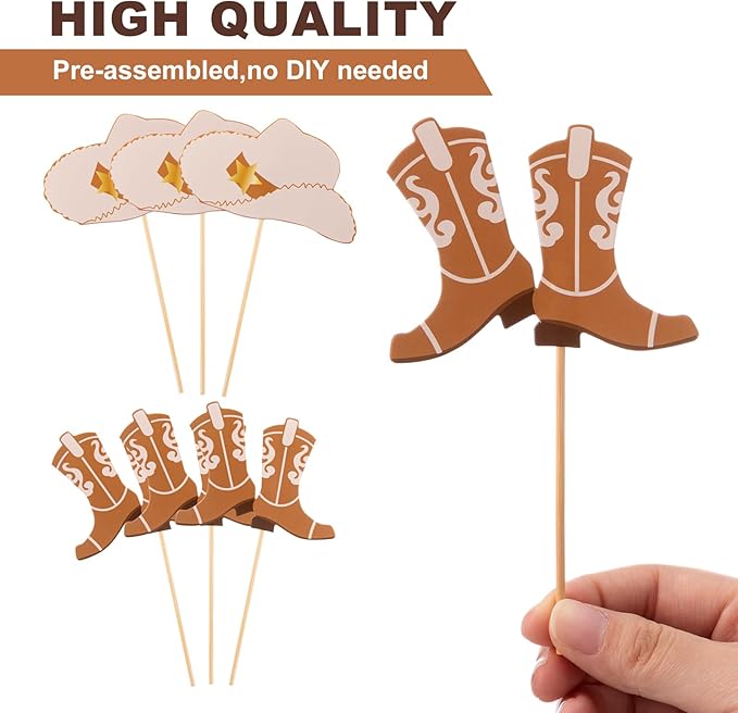 Blulu 60 Pieces Cowboy or Cowgirl Hat and Boot Cupcake Toppers Western Birthday Cake Decorations Rodeo Cupcake Picks Baby Shower Toothpicks for Western Theme Party Favors Supplies (Light Brown)