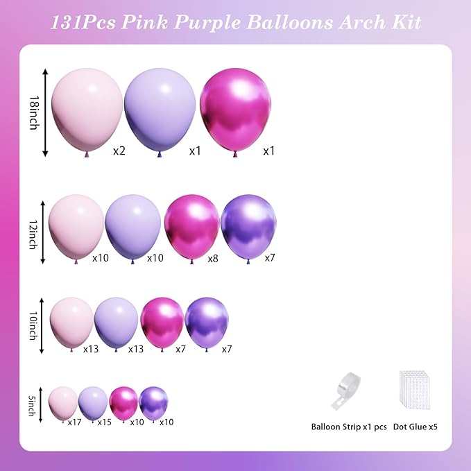 Pink and Purple Balloons, 131pcs Light Pink and Purple Balloons Garland Arch Kit with Different Sizes for Birthday Baby Shower Bridal Shower Wedding Party Decorations