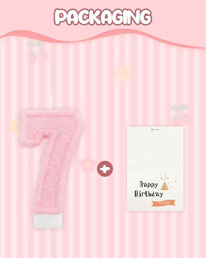 Birthday Candles for Cake, Pink Number Candles, Cake Candles with Greeting Card for Birthday Party Wedding Anniversary Celebrations (Bright Pink 7 Candle)