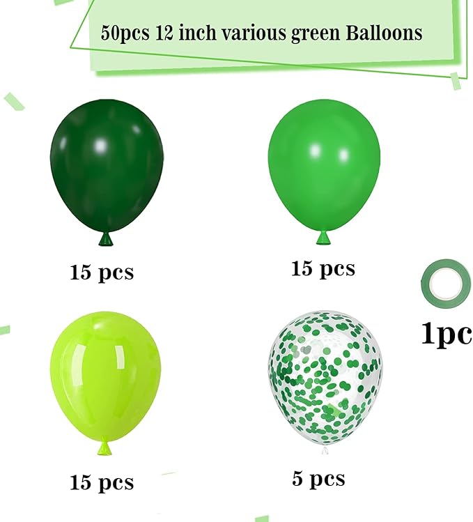 Green Balloons, 50pcs 12 inch Dark Green Emerald Green Lime Green Balloons for St. Patrick's Day Theme Party Supplies Jungle Safari Birthday Party Decorations
