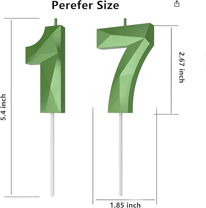Number Birthday Candles(17 Candle Green) 3D Diamond Shape Number Happy Birthday Cake Candles for Birthday Party Wedding Decoration Reunions Theme Party