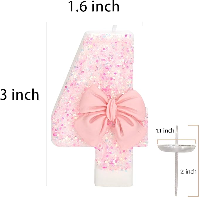 40th Birthday Number Cake Candles, Pink Bow, 2.76 inch, 2 Pack, Modern Style, Smokeless, Non-Toxic, Birthday Decoration