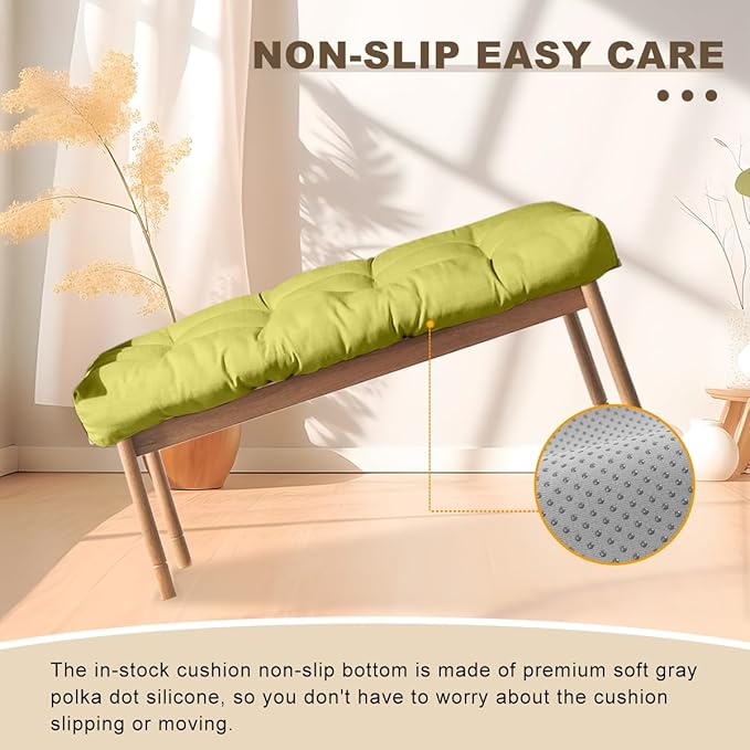 Bench Cushion 27 inches,Indoor/Outdoor Non-Slip Tufted Cushions, Premium Waterproof Linen, Soft Piano Sofa Cushions, Entryway Storage, Bay Window, High-Density Memory Foam(Green-27x12x4in)