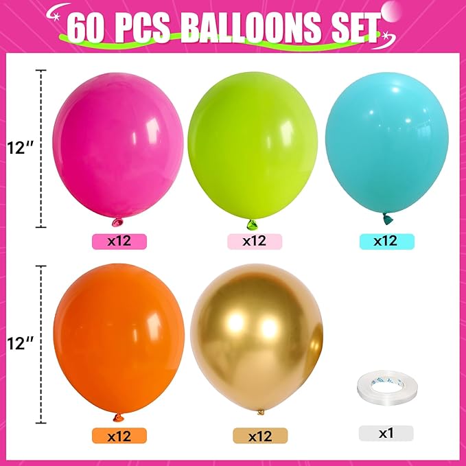 HILAVO Tropical Balloons Kit, 60 PCS 12Inch Hawaiian Balloons Hot Pink Orange Teal Green and Gold Colorful Balloon for Summer Birthday Baby Shower Tropical Aloha Luau Pool Party Decorations