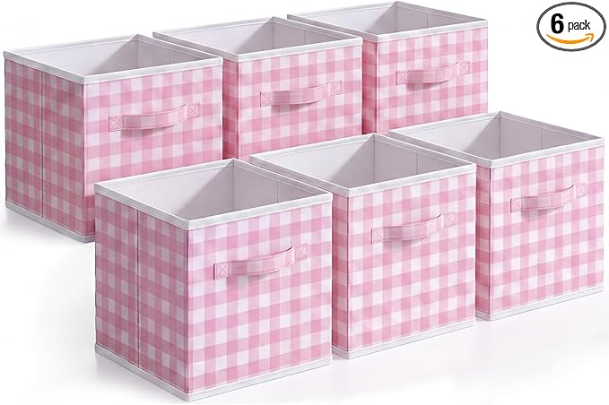 Yalikop 6 Pcs Pink Checkered Cube Storage Bins, 11 Inch Fabric Gingham Classroom Storage Bins Organizer with Handle Preppy Collapsible Cubby Basket for Classroom Home Nursery Playroom Bedroom