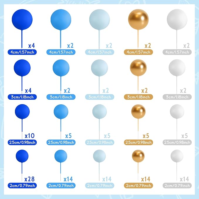 138 Pcs Balls Cake Topper Decorations Balloon Cupcake Toppers Foam Multisize Cake Topper Balls for Birthday Party Wedding Anniversary(Blue,White,Gold)