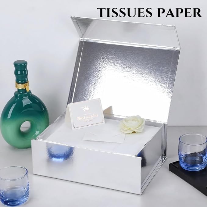 UoeRing 6 Pack Silver Gift Box 11.5x8x4 inch Luxury Gift Box for Presents with Magnetic Lid Collapsible,Bridesmaid Proposal,Contains Card, Ribbon, Tissue Paper,Shredded Paper Fille