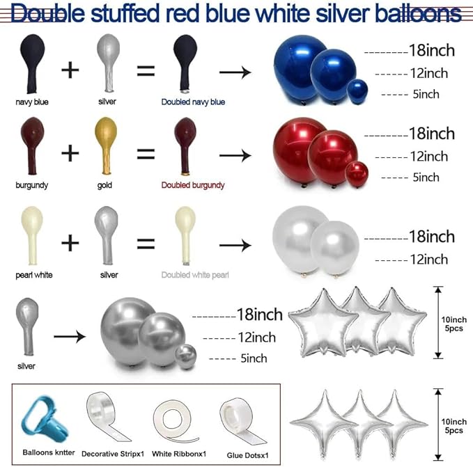 Red White Blue Balloon Arch Double Stuffed Burgundy Navy Blue Silver Pearl Balloons with 4 and 5 Corner Star Foil Balloon Garland for Graduation 4th Of July Patriot Independence Day Birthday Decor
