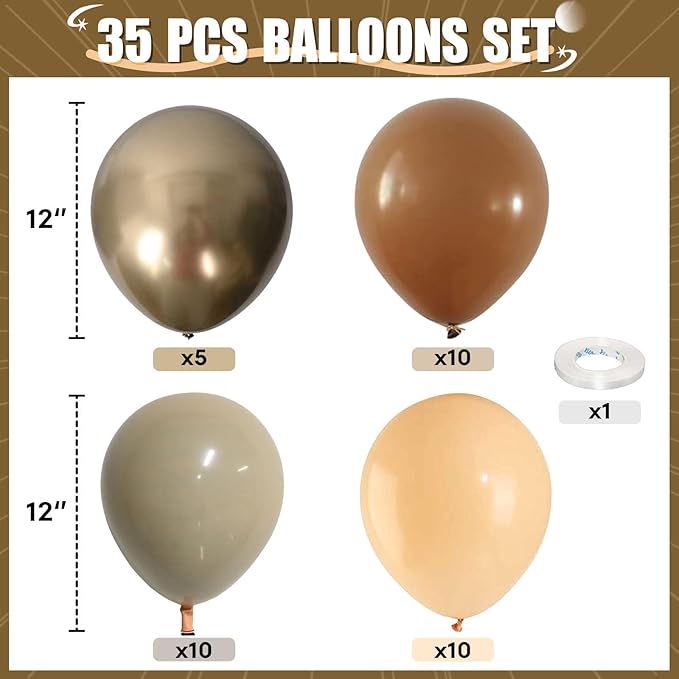 HILAVO Brown Gold Balloons, 12 inch Double Stuffed Brown Gold and Cream Beige Balloons for Neutral Baby Shower Boho Wedding Birthday Party Decorations