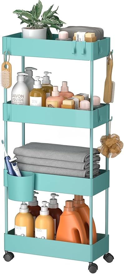 Pipishell Slim Storage Cart with Wheels, 4 Tier Bathroom Storage Organizer Rolling Utility Cart for Bathroom Kitchen Laundry Room Office Narrow Place (Turquoise)